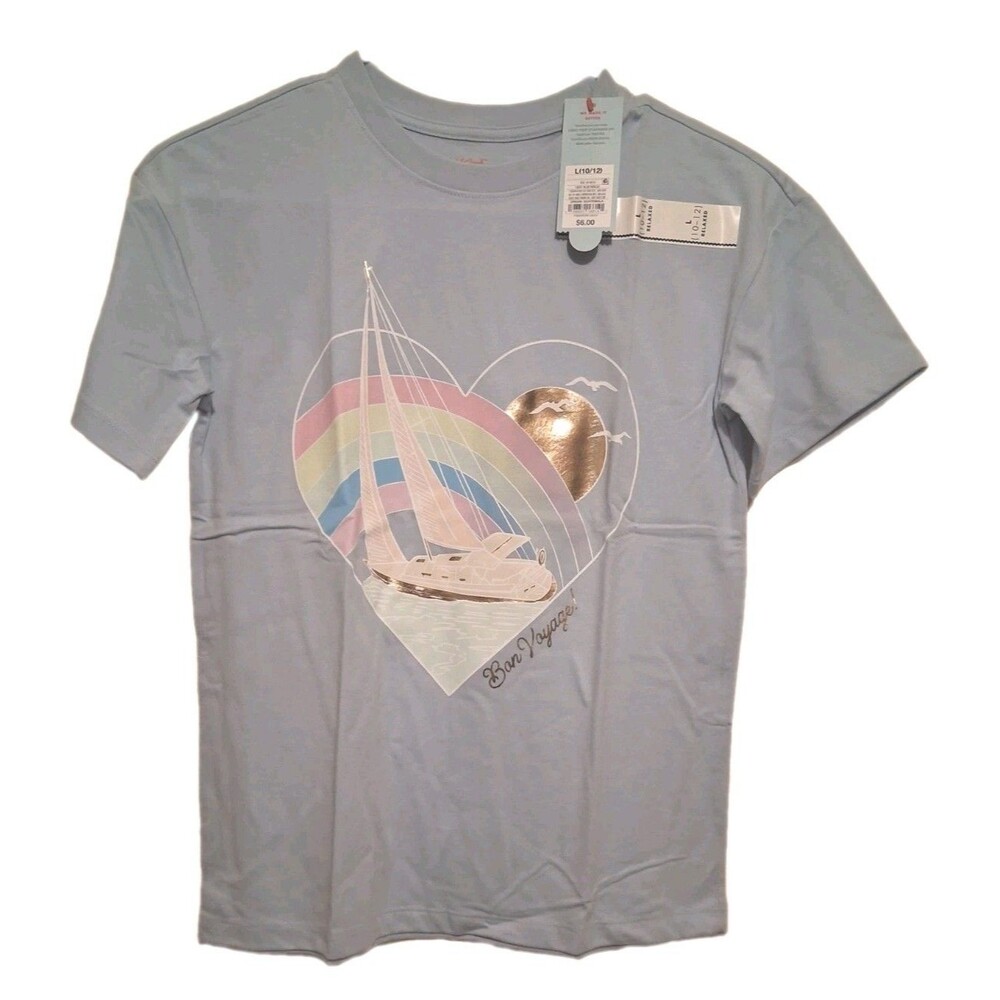 NWT Cat & Jack Girls Bon Voyage Sailboat Graphic T-Shirt Light Blue Large 10/12
